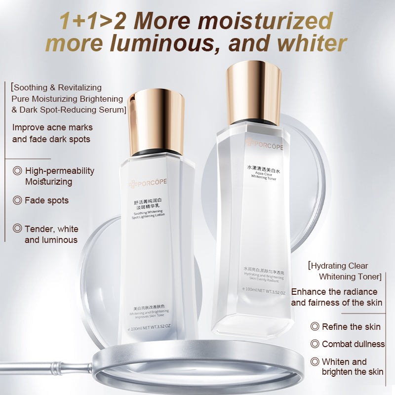 Porcope Aqua-Clear Whitening Toner 100ml 3.52OZ + Soothing Whitening Spot Lightening Lotion 100ml 3.52OZ,A set to improve uneven skin tonedark spots, and acne marks