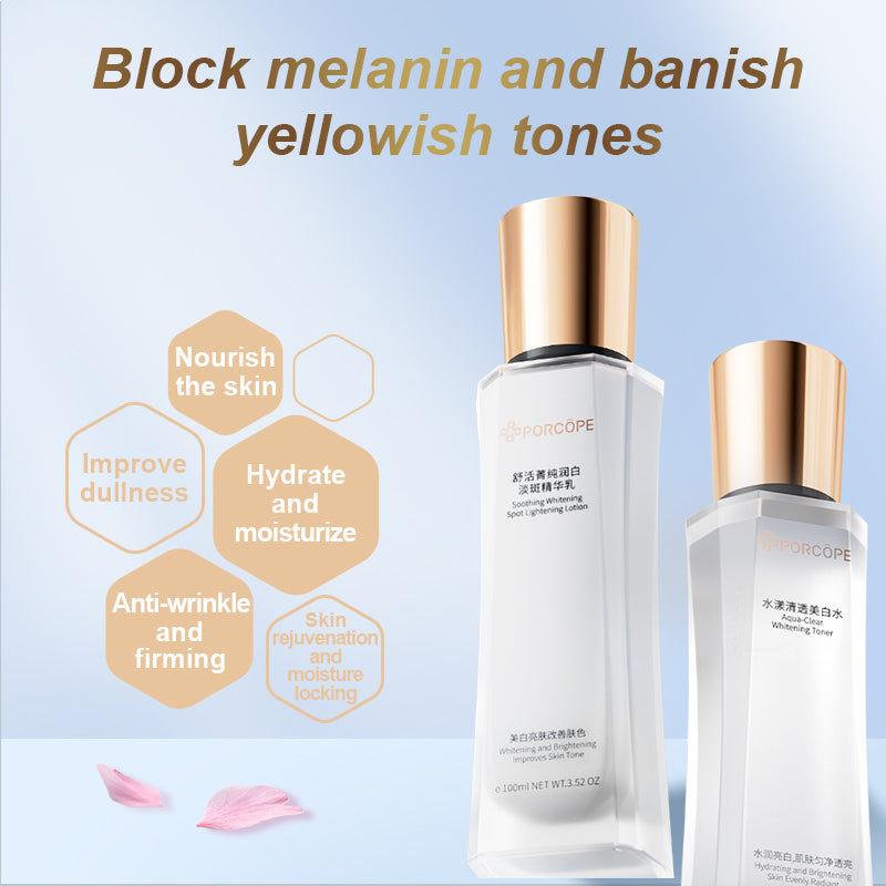 Porcope Aqua-Clear Whitening Toner 100ml 3.52OZ + Soothing Whitening Spot Lightening Lotion 100ml 3.52OZ,A set to improve uneven skin tonedark spots, and acne marks