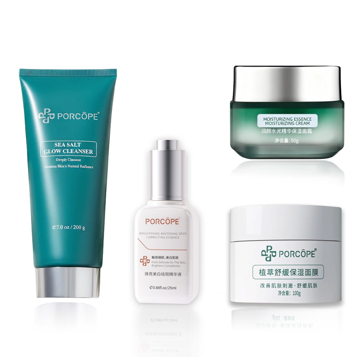 PORCOPE Skin Care Kit - Includes facial Cleanser, Moisturizer, Serum, and Overnight Mask - Anti-Aging Facial Care Set for all skin Types Provides Immediate Comfort and Long-Lasting Hydration