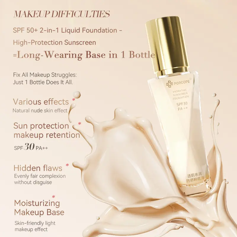 PORCOPE Lightweight Foundation Long-Lasting 24H Waterproof Sweatproof Natural Coverage SPF30+ PA++