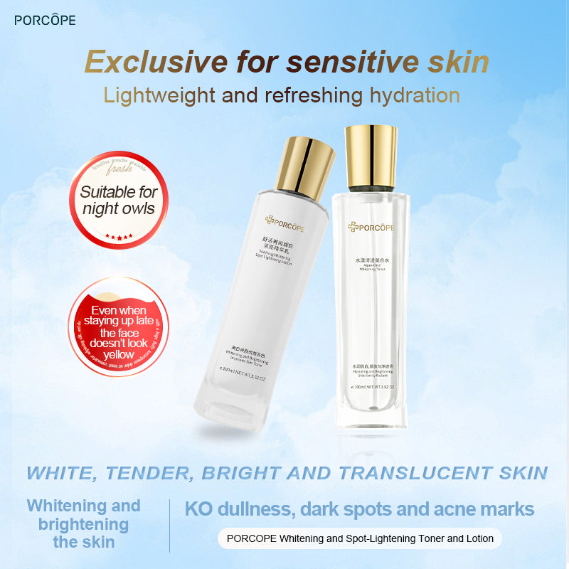 Porcope Aqua-Clear Whitening Toner 100ml 3.52OZ + Soothing Whitening  Spot Lightening Lotion 100ml 3.52OZ，A set to improve uneven skin tonedark spots, and acne marks