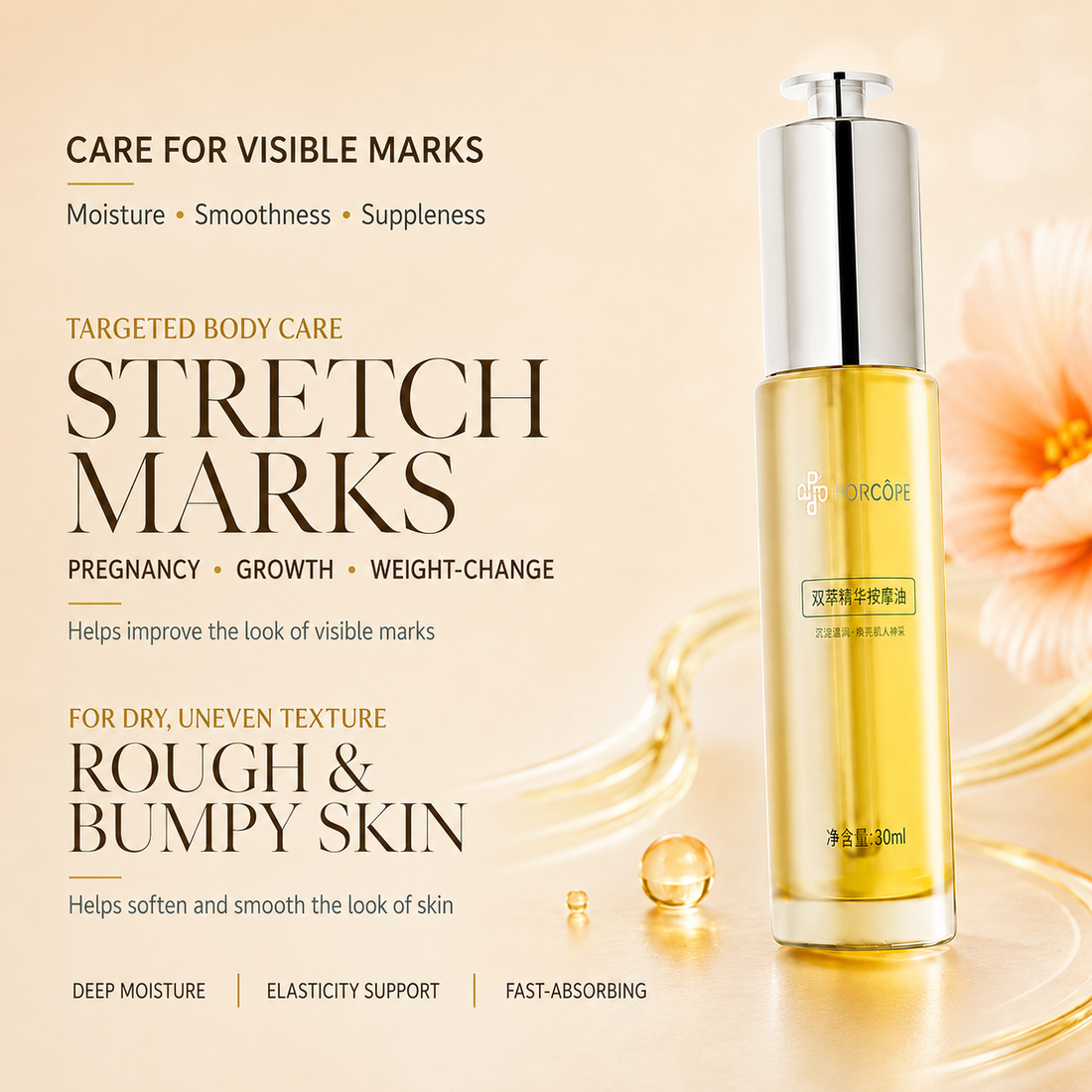 PORCOPE Dual-Phase Essence Oil for Stretch Marks, Pregnancy-Safe Body Lotion for Moms-to-Be and Women Trying to Conceive, Nourishing Body Care for Sensitive Skin