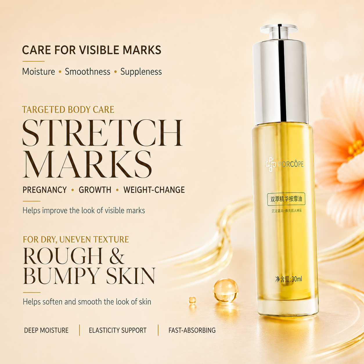 PORCOPE Dual-Phase Essence Oil for Stretch Marks, Pregnancy-Safe Body Lotion for Moms-to-Be and Women Trying to Conceive, Nourishing Body Care for Sensitive Skin